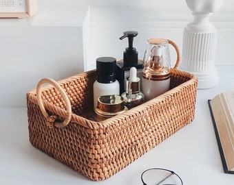 収納バスケット、籐製ランドリーバスケット、長方形収納バスケット、籐