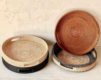 Natural Black Round Rattan Tray With Handle, Decorative Tray, Handwoven Tray