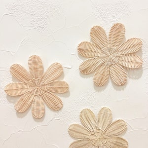 Könnte beinhalten: Drei geflochtene Wanddekorationen aus Weide in Form einer Blume in hellbeige.