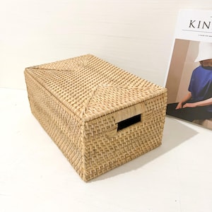 Natural Rattan basket with handle, Rattan Basket With Lid, Wicker Basket, Rectangular Basket, Handwoven Basket, Decorative Basket