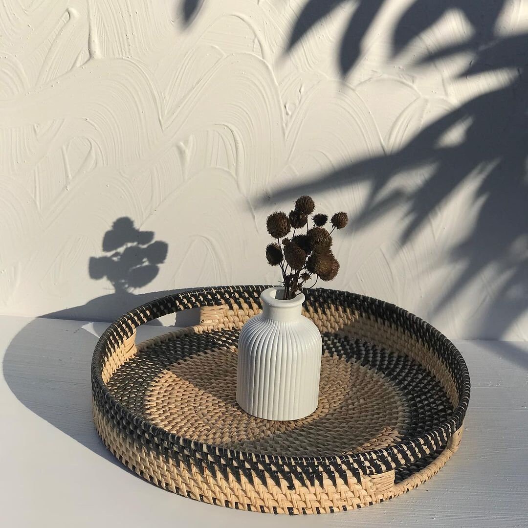 Round Tray With Handle Black Tray Rattan Tray Wicker Boho Etsy