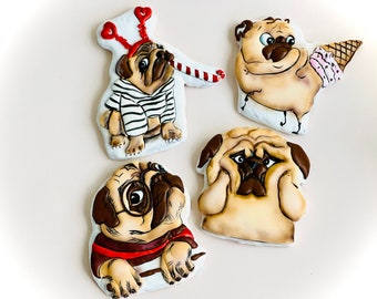 Mopshond versierde suikerkoekjes set, puggy puggie hond met de hand versierde royal icing cookies, pug verjaardag cadeau set, mopsen aangepaste suiker cookie set