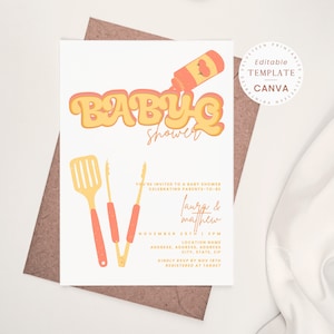 Groovy Couples Baby Shower Template, Co-ed Gender Neutral Baby-Q, Modern Invitation Canva Template | PRINTABLE EDITABLE TEMPLATE #237