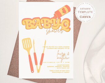 Groovy Baby-Q Shower Invitation Template: Co-ed, Gender Neutral (Canva Template)