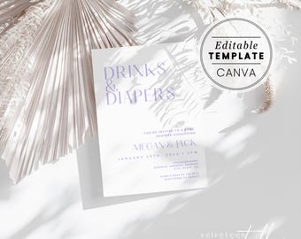 Lavender Baby Shower Invitation: Drinks & Diapers, Co-ed Baby-Q (Canva Template)