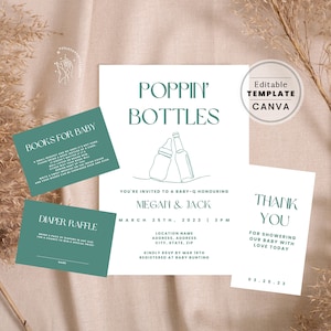 Funny Poppin&#39; Bottles Invite Suite, Fun Couples Co-ed Gender Neutral Baby-Q | Pastel Mobile Baby Shower | EDITABLE TEMPLATE, PRINTABLE #107