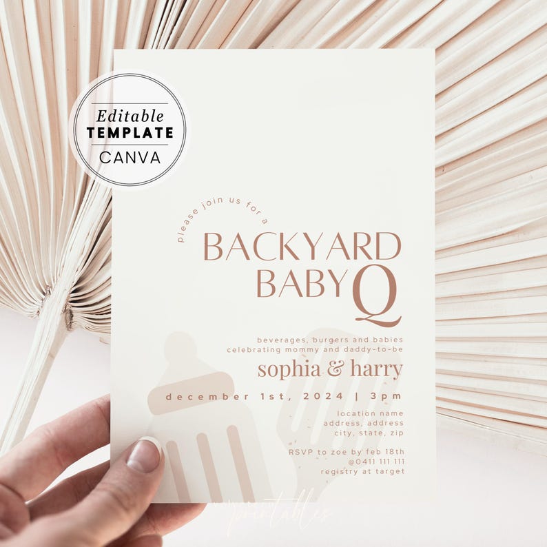 May include: A beige and brown baby shower invitation with the text "Backyard Baby Q" in a brown font. The invitation includes the names "Sophia & Harry" and the date "December 1st, 2024".