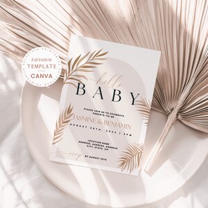 Boho Couples Baby Shower Template, Co-ed Gender Neutral Baby-Q, Palm Invitation Canva Template | PRINTABLE EDITABLE TEMPLATE #229