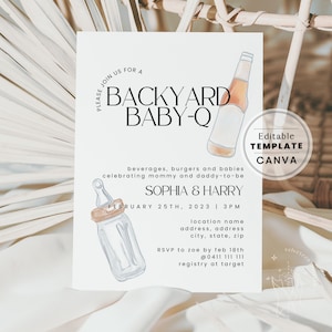 Backyard Couples Baby Shower Template, Co-ed Gender Neutral Baby-Q, Modern Invitation Canva Template | PRINTABLE EDITABLE TEMPLATE #293