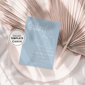 Fun Powder Blue Invite Couples Baby Shower, Co-ed Gender Neutral Baby-Q, Modern Invitation Canva Template | PRINTABLE EDITABLE TEMPLATE #274