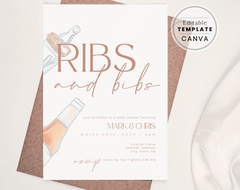 Fun Fathers Dads Baby Shower Template, Dudes Gender Neutral Baby-Q, Ribs & Bibs Invitation Canva | PRINTABLE EDITABLE TEMPLATE #280