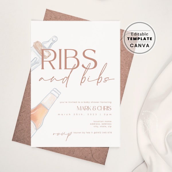 Fun Fathers Dads Baby Shower Template, Dudes Gender Neutral Baby-Q, Ribs & Bibs Invitation Canva | PRINTABLE EDITABLE TEMPLATE #280