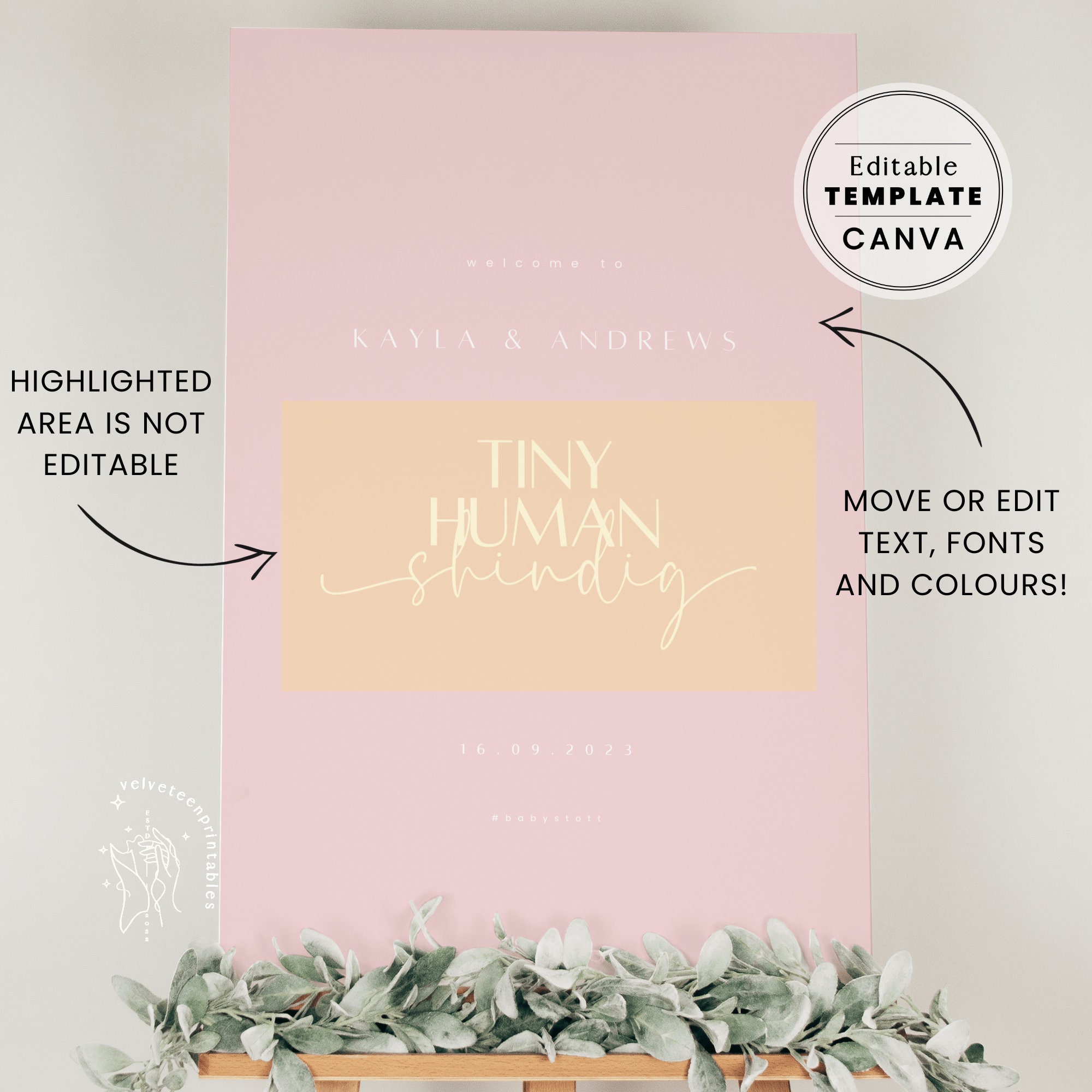 Blush Baby Shower Welcome Sign: Tiny Human Shindig Canva Template ...