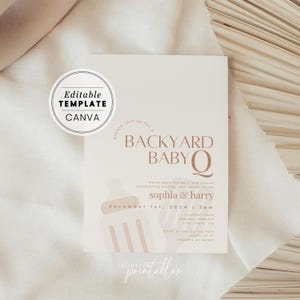 May include: A beige and brown baby shower invitation with a stylized illustration of a baby bottle. The invitation reads "Backyard Baby Q" and includes the names "Sophia & Harry" and the date "December 1st, 2024".