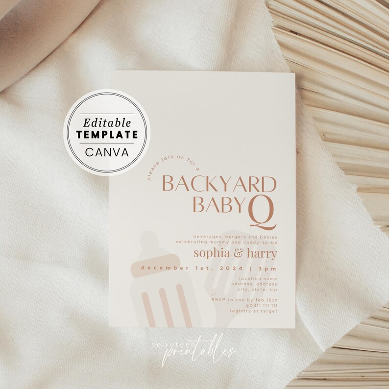May include: A beige and brown baby shower invitation with a stylized illustration of a baby bottle. The invitation reads "Backyard Baby Q" and includes the names "Sophia & Harry" and the date "December 1st, 2024".