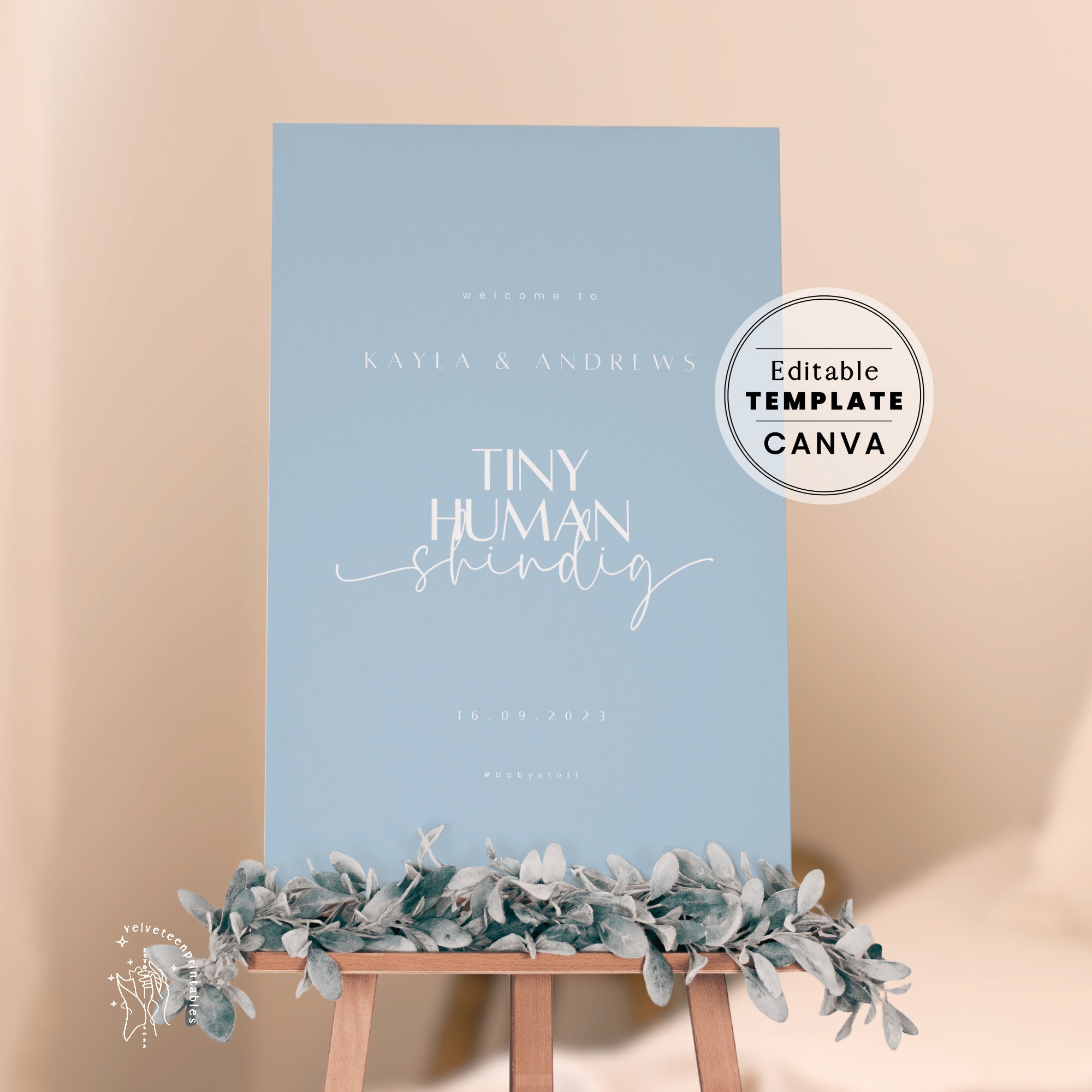 Welcome Sign Baby Shower, Tiny Human Shindig Canva Template | Kayla or Kara Minimalist - Powder Blue | EDITABLE TEMPLATE, PRINTABLE #273