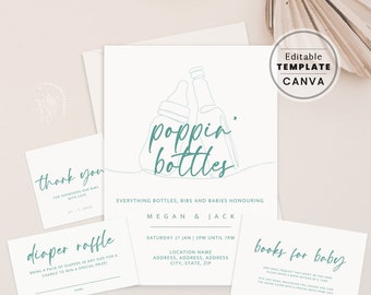 Funny Poppin' Bottles Invitation Suite, Fun Couples Co-ed Baby Shower | Gender Neutral Baby-Q Party | EDITABLE TEMPLATE, PRINTABLE #332