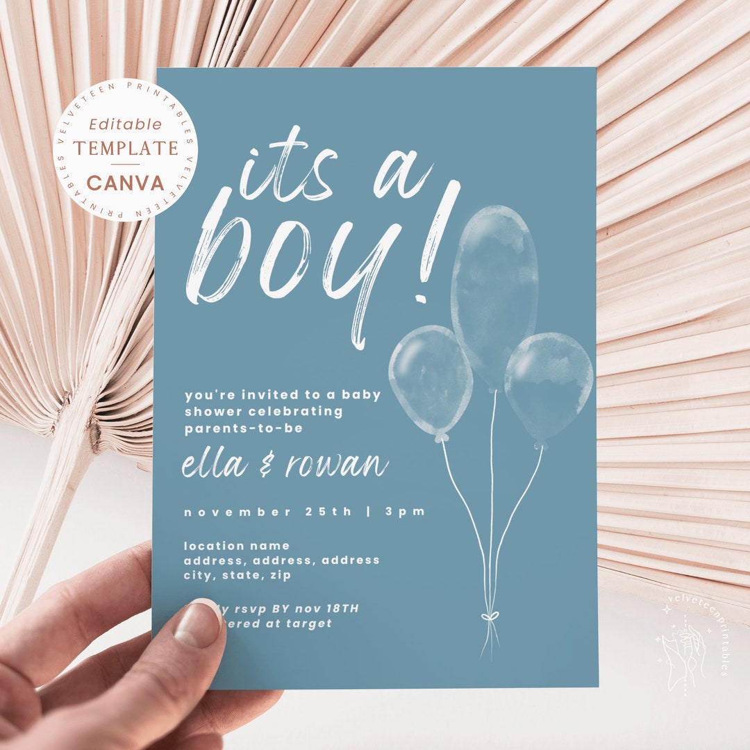 It's a Boy Baby Shower Invitation Template: Blue Balloons (canva ...