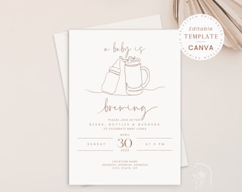 Fun Beers Couples Baby Shower Template, Co-ed Gender Neutral Baby-Q, Modern Invitation Canva Template | PRINTABLE EDITABLE TEMPLATE #248