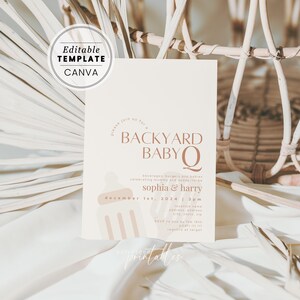 May include: A printable baby shower invitation with a beige background and brown text. The invitation reads "Backyard Baby Q" and includes the date, time, and names of the parents-to-be. The invitation also features a stylized illustration of a baby bottle.