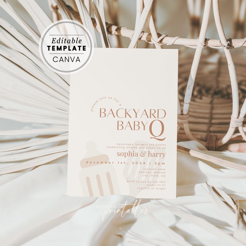 May include: A printable baby shower invitation with a beige background and brown text. The invitation reads "Backyard Baby Q" and includes the date, time, and names of the parents-to-be. The invitation also features a stylized illustration of a baby bottle.