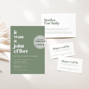 Puede incluir: Una invitación de baby shower imprimible verde y blanca con el texto "it was a joint effort so it's a joint shower!" La invitación también incluye el texto "We're celebrating parents-to-be amber & sean April 29th, 2023 | 3PM".
