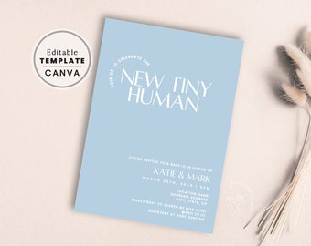 New Tiny Human Shower Invitation, Couples Co-ed Baby-Q | Lucy Minimalist - Powder Blue | EDITABLE TEMPLATE, PRINTABLE #316