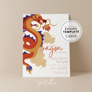 Puede incluir: Una invitación a un baby shower con un dragón de dibujos animados rojo, amarillo y azul con el texto "¡un pequeño dragón está en camino!" Estás invitado a un baby shower para celebrar a los futuros padres Louisa & Jamil. 25 de noviembre, 2 PM. Nombre del lugar, dirección, dirección, ciudad, estado, código postal. Por favor, confirma tu asistencia antes del 18 de noviembre, registrado en Target.