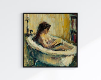 Bathroom Printable Wall Art, Woman Reading in Bathtub Printable, Vintage Clawfoot Tub Painting, Book-Themed Home Decor, Downloadable Print