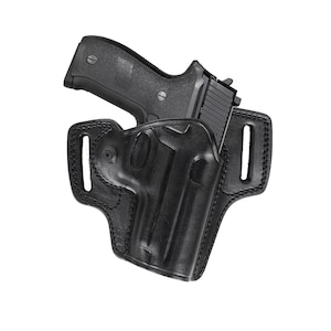 May include: A black leather holster for a handgun. The holster has a belt loop and a snap closure. The handgun is not included.