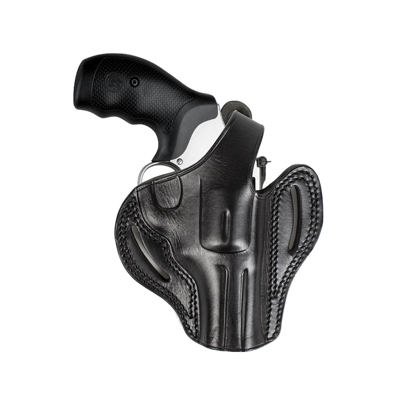 May include: A black leather holster for a handgun. The holster has a belt loop and a snap closure. The holster is designed to be worn on the hip.
