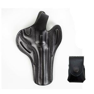 May include: A black leather holster with a belt loop and a separate black leather magazine pouch.