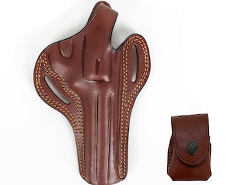 Funda de cuero para revólver Smith & Wesson L Frame 686 de 6 pulgadas, calibre .357 Magnum, cargador rápido de 6 disparos, OWB