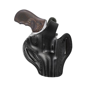 May include: A black leather holster for a handgun with a brown wooden grip.