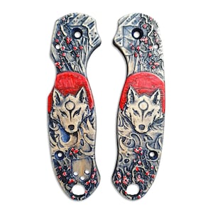 Japanese Wolf And Sakura - Spyderco Para 3 Knife Scales