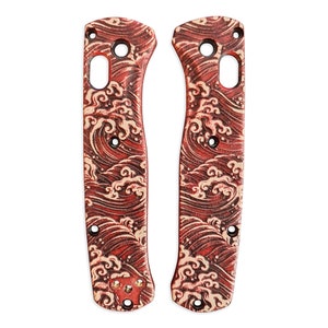 May include: A pair of red and cream colored knife scales with a wave pattern. The scales are made of a durable material and are designed to fit a variety of knife models.