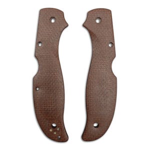 May include: Two brown knife handle scales with multiple holes for attachment. The scales have a textured surface and a curved shape, designed to fit the contours of a knife handle. The color is a medium brown, and the scales are shown against a white background.
