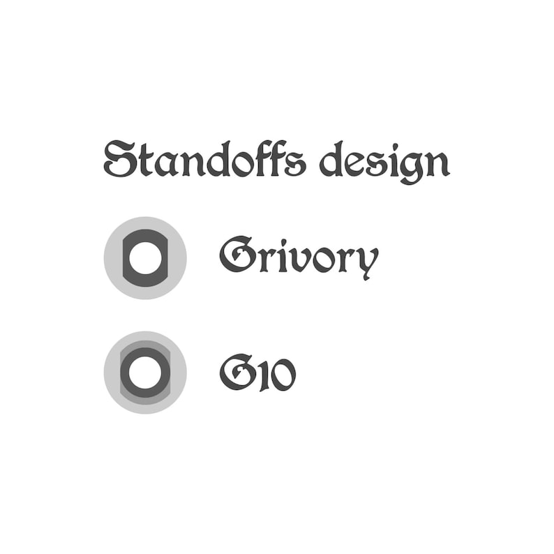 May include: Standoffs design, a graphic with two circles, one with the text "Grivory" and the other with the text "G10".