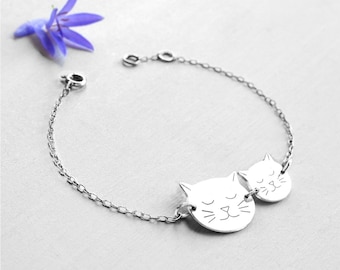 Sterling Silver Cat Faces Bracelet: Personalised Engraving