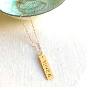 Personalised Gold Paw Print Bar Necklace, pet memory necklace, dog paw necklace, cat paw print necklace, paw print necklace