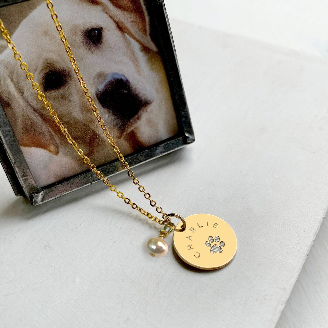 Personalised Gold Dog Paw Print Disc Necklace With Freshwater Pearl
