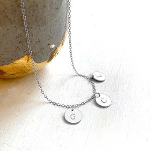 Personalised Sterling Silver Triple Initial Disc Necklace, silver disc necklace, initials necklace, mum gift