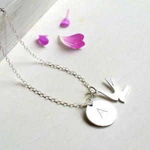 Sterling Silver Disc and Swallow Necklace, personalised gift, bird necklace, swallow necklace, initial necklace