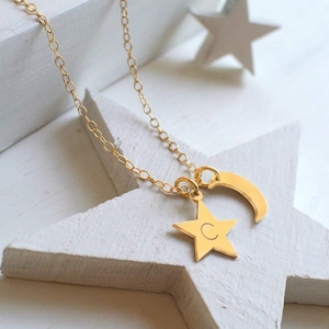 Personalised Gold Little Moon and Initial Star Necklace, anniversary gift, celestial jewellery, Mother&#39;s Day gift
