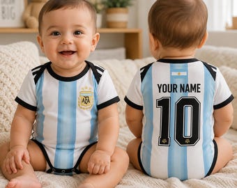 Body personalizado de fútbol de Argentina para bebé, camiseta infantil con nombre y número personalizados, conjunto de ropa de Argentina para bebé, regalo para baby shower de aficionado al fútbol