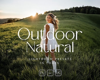 Może przedstawiać: Cyfrowa oferta produktu z tekstem Outdoor Natural, LIGHTROOM PRESETS, 15 TOOLS oraz ikonami PS, LR i LRC. W tle widać osobę w białej sukience i białych butach idącą przez trawiaste pole podczas zachodu słońca.