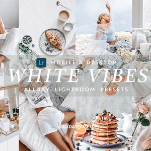 May include: A collage of images featuring a white aesthetic. The images include a woman wearing a white sweater and white pants, a plate of croissants and blueberries, a woman in a white dress, a stack of pancakes with blueberries and syrup, a white vase with flowers, and a white bed with a woman lying on it. The text "WHITE VIBES" is displayed in the center of the collage.