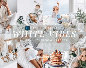 Könnte beinhalten: Eine Collage aus Lifestyle-Bildern mit einer Person im weißen Pullover, einem Croissant, einer Person im blauen Oberteil, Kerzen, einem Spiegel, einer Person in weißen Shorts, einem Stapel Pfannkuchen und Rosen mit dem Text White Vibes Lightroom Presets.