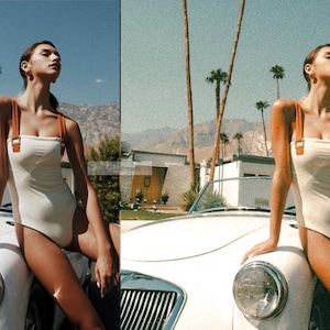 May include: A one-piece swimsuit featuring a cream-colored bodice and contrasting orange shoulder straps with metallic buckles. The garment is shown in a split-screen comparison, with the left side displaying clear tones and the right side showing a grainy, vintage-style filter effect.