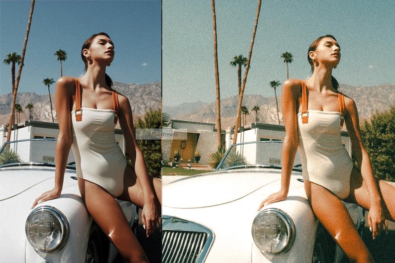 May include: A one-piece swimsuit featuring a cream-colored bodice and contrasting orange shoulder straps with metallic buckles. The garment is shown in a split-screen comparison, with the left side displaying clear tones and the right side showing a grainy, vintage-style filter effect.